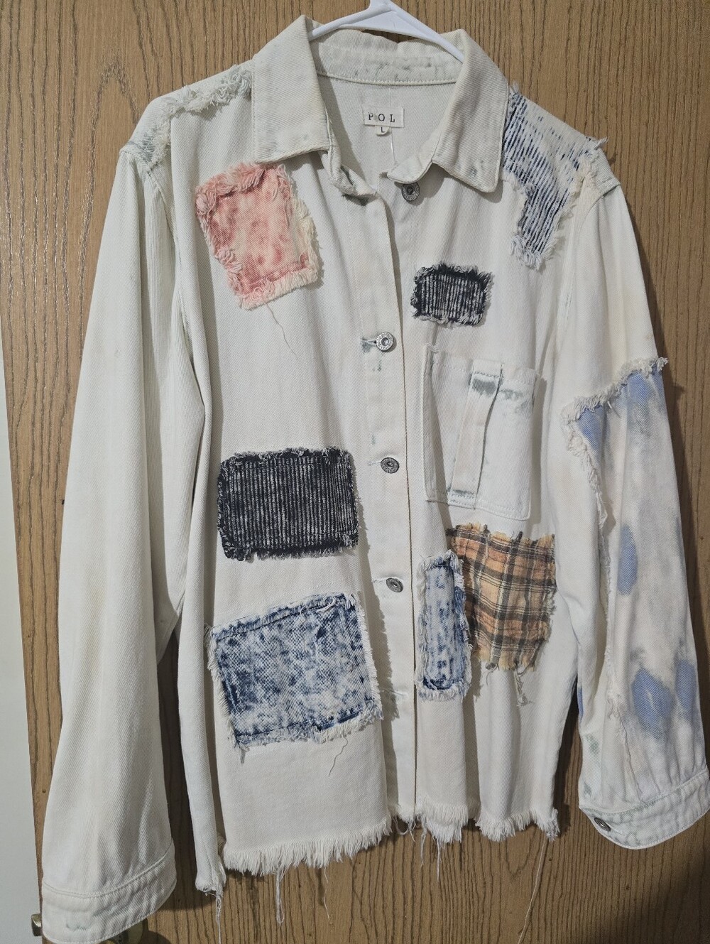 POL Washed Patchwork Button-Front Jacket - Cream - Picture 2 of 3